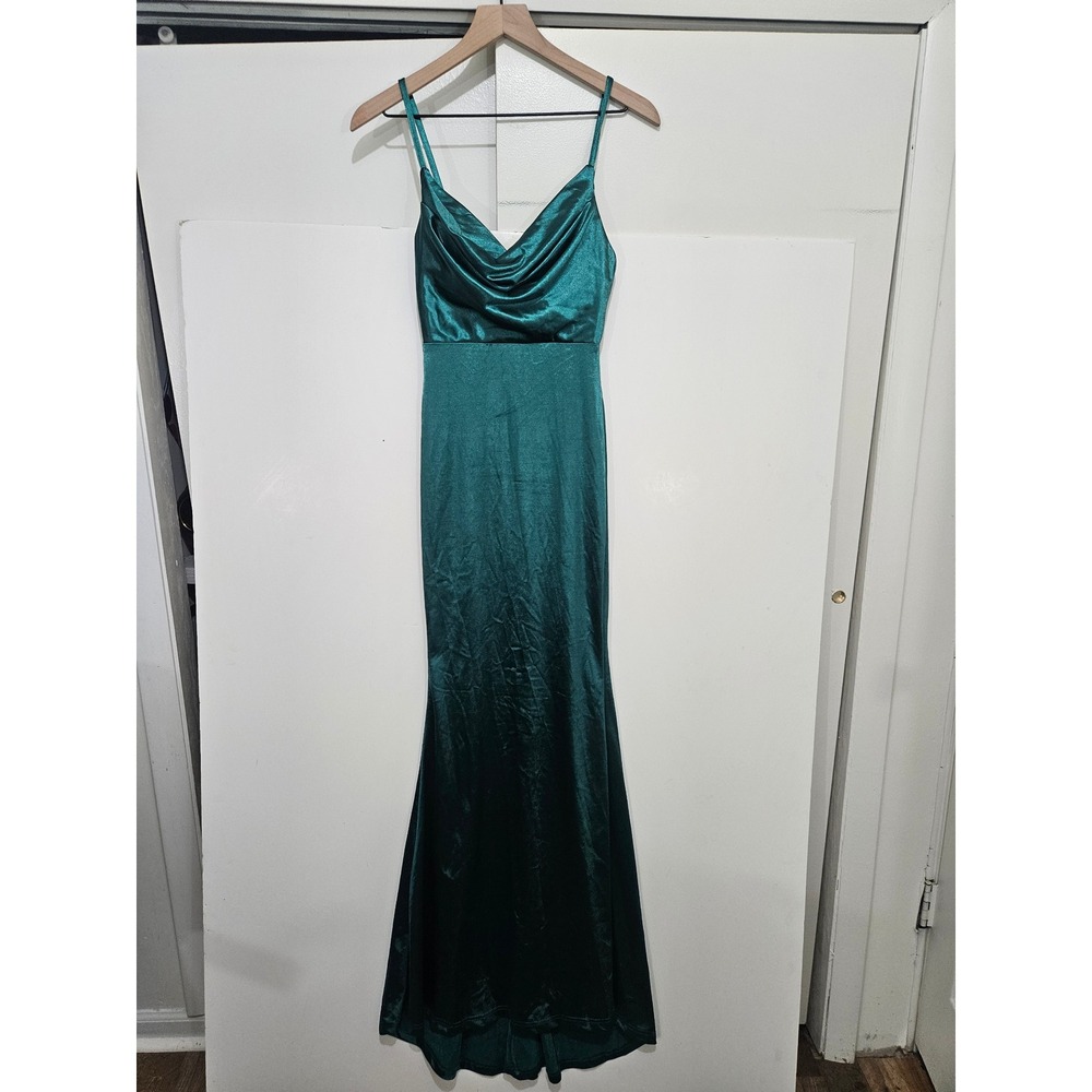 Hello Molly Emerald Green Cowl Neck Satin Maxi Dress Formal Gown Womens Size 2
